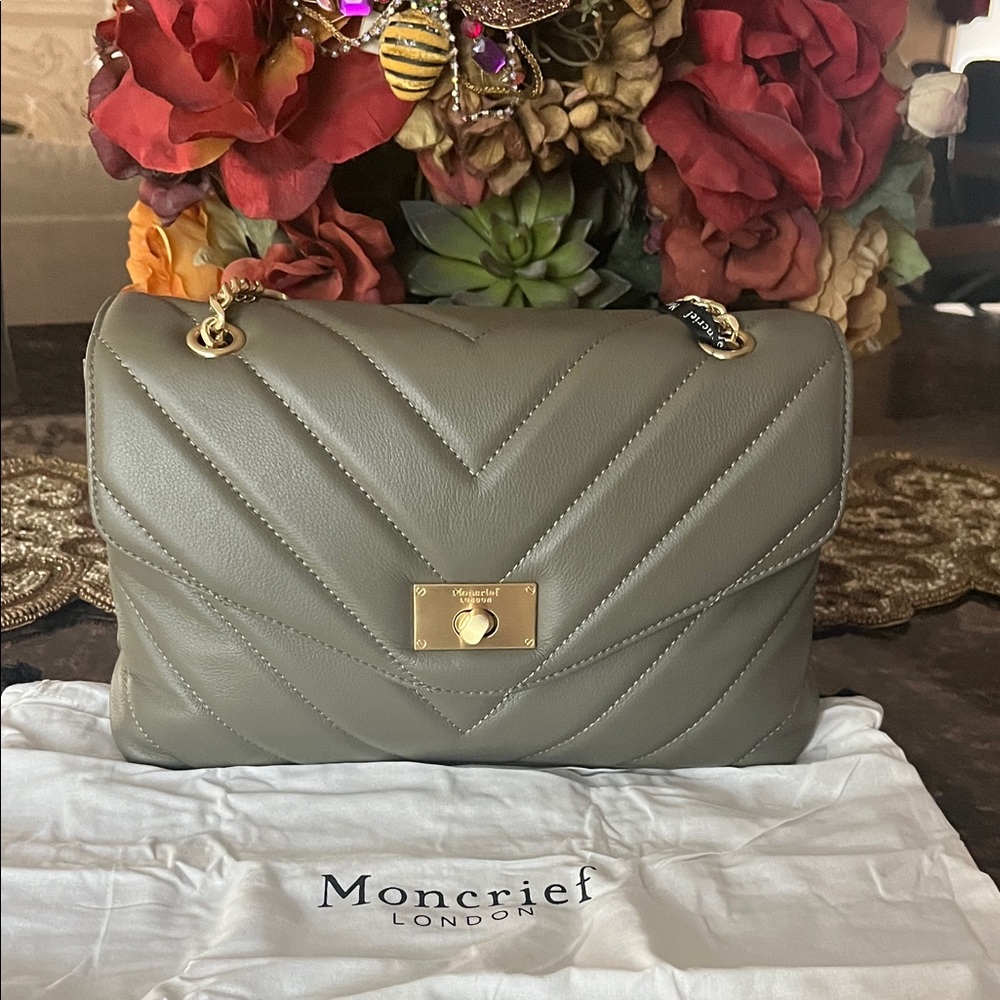 Moncrief London Cathryn Luxury Leather Khaki Quilted Shoulder/Crossbody Bag